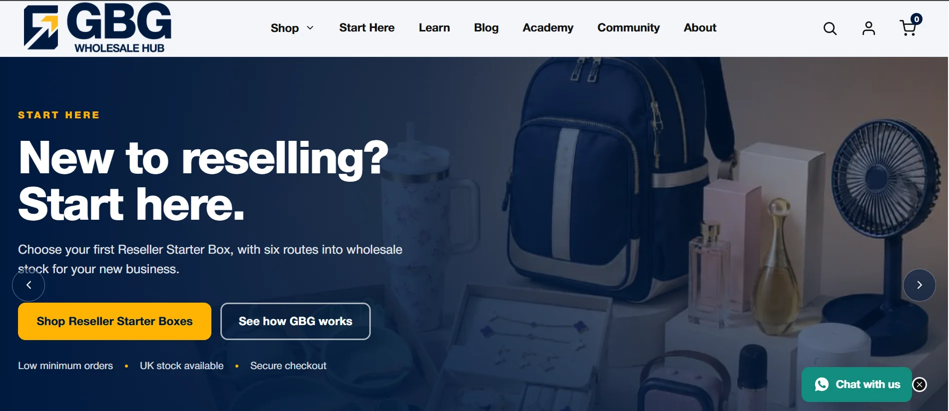 GBG Wholesale Hub — UK wholesale store that lets first-time resellers buy low-minimum stock and learn how to sell it.