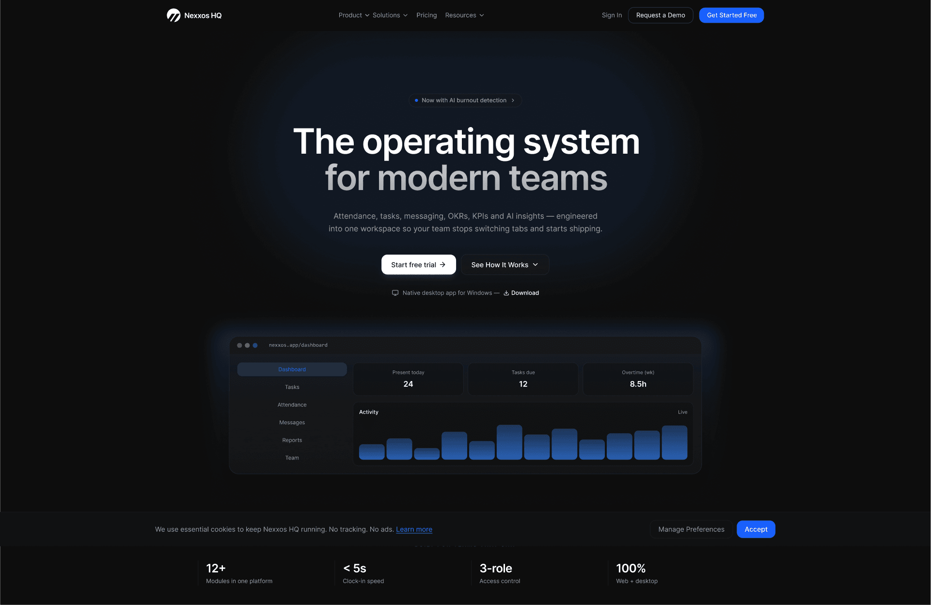 NexxosHQ — A multi-tenant operating system for African businesses — HR, tasks, attendance, messaging, and OKRs in one platform, isolated per company at the database level.